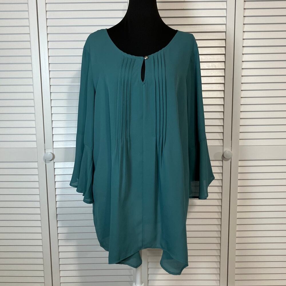 Avenue Boho Teal Keyhole Pleated Front ¾ Bell Sleeve Tunic Blouse Women 18/20